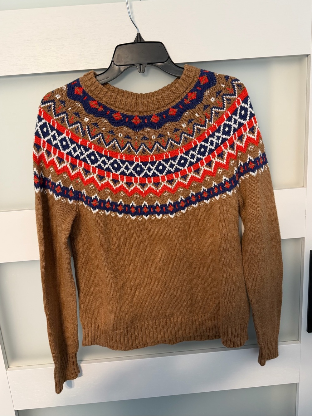 J. Crew Camel Crewneck Sweater with Red, Navy & White Fair Isle Yoke